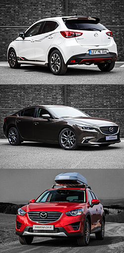 Mazda 2, Mazda 6 und CX-5 (v. o .n .u.) mit sportlichem Zubehör