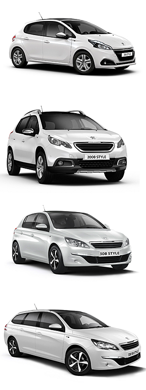Peugeot-Style-Sondermodelle (v. o. n. u.): 208, 2008, 308, 308 SW