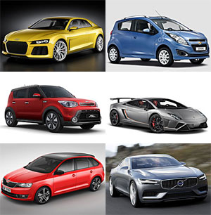 Audi Sport Quattro Concept, Chevrolet Spark, Kia Soul, Lamborghini Gallardo Squadro Corse, Skoda Spaceback,Volvo Concept Coupe