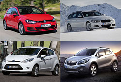 VW Golf, BMW 3er Touring v. l. n. r, 2. Reihe: Ford Fiesta, Opel Mokka, v. l. n. r.