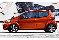 Toyota Aygo Seitenansicht mit Dachspoiler in Wagenfarbe